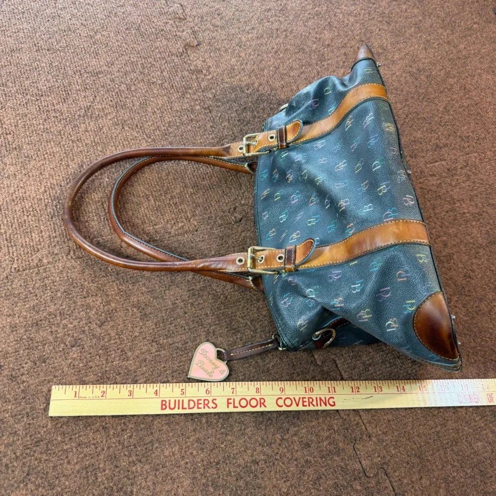 C+ Dooney & Bourke Rainbow Monogram Black Satchel Bag Leather Trim Heart Charm